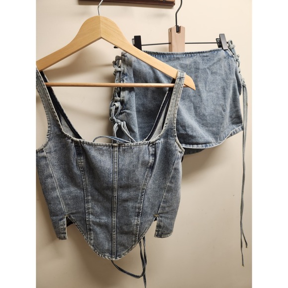 PrettyLittleThing Petite Denim Corset Top & Mini Skirt Set Blue UK 12 US 8 - Picture 1 of 2